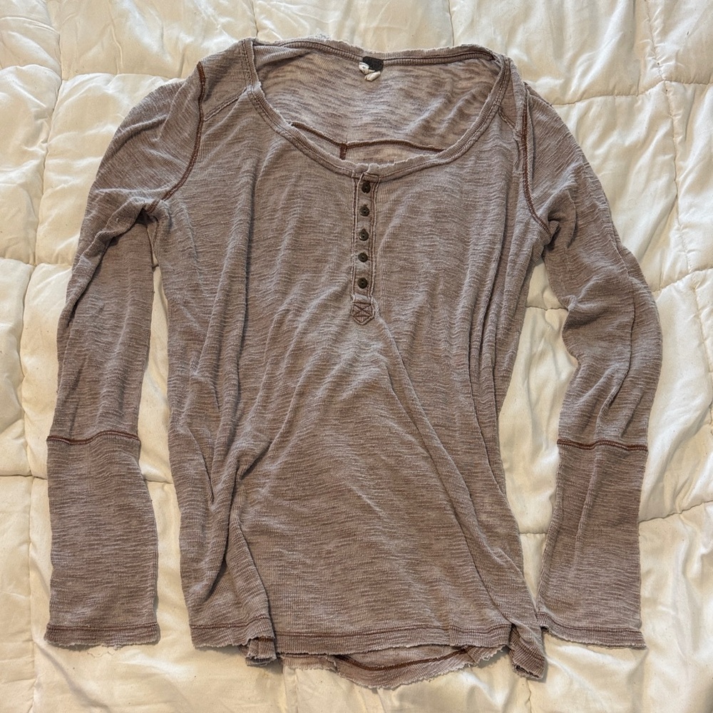 Free People Heathered Brown Long Sleeve Henley Tee